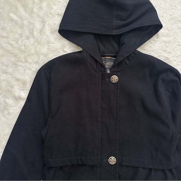 St. John Coat Collection Jacket Hooded Zip Up Gold Buttons Pockets Black Sz S - Picture 5 of 13